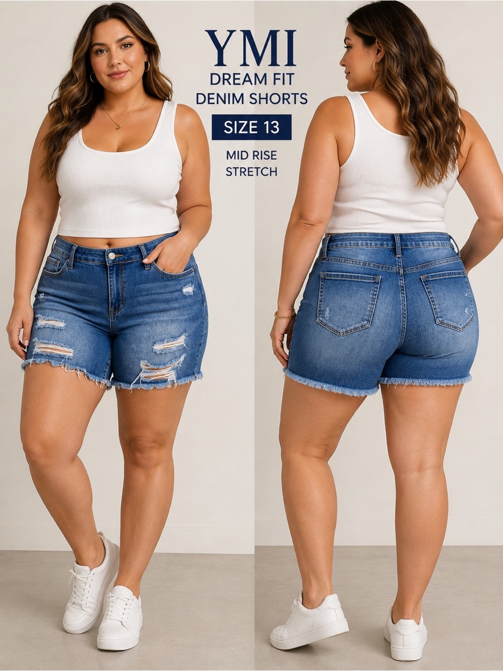 YMI Distressed Denim Shorts Size 13/31 Mid Rise Dream Fit Frayed Hem